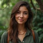 Portrait of a smiling woman with long brown hair in a lush forest setting. She wears a green button-up shirt and a delicate necklace. The background is blurred, showing greenery and tree trunks, creating a natural, outdoorsy atmosphere.